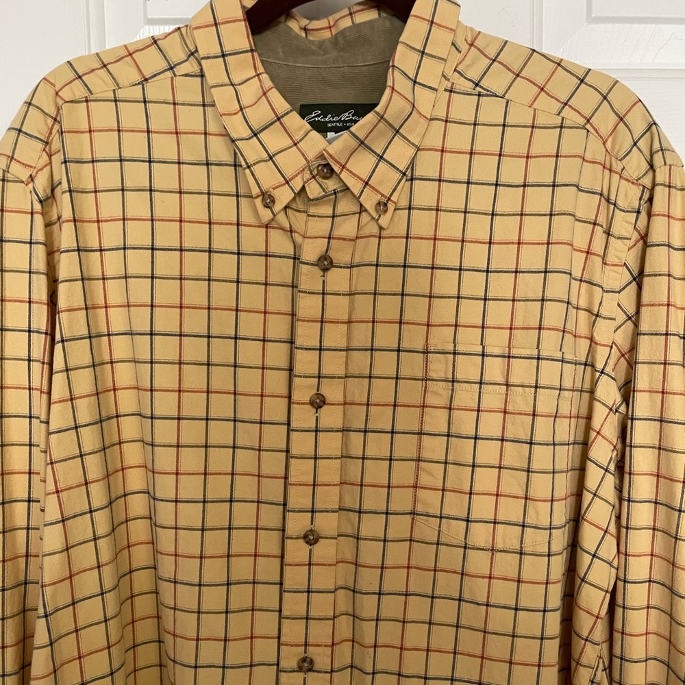 Eddie Bauer Men’s Yellow,‎ Blue and Red checked button down Shirt size XL